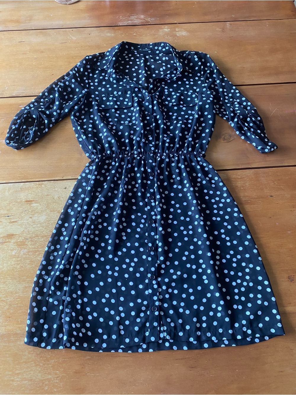 Whimsical Sheer Black White Polka Dot Collared Button-Front Dress Tunic Small
